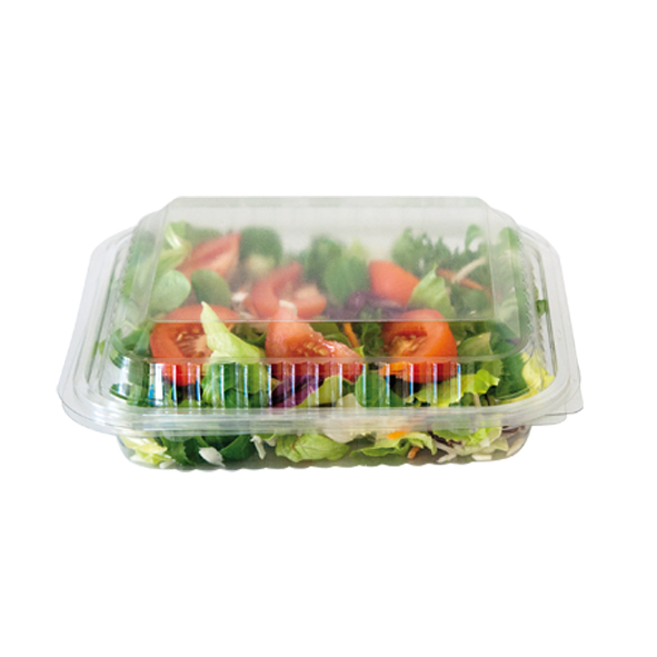 V24 Salat Klappbox aus PET mit anhängendem Dom-Deckel 220x190x65 mm